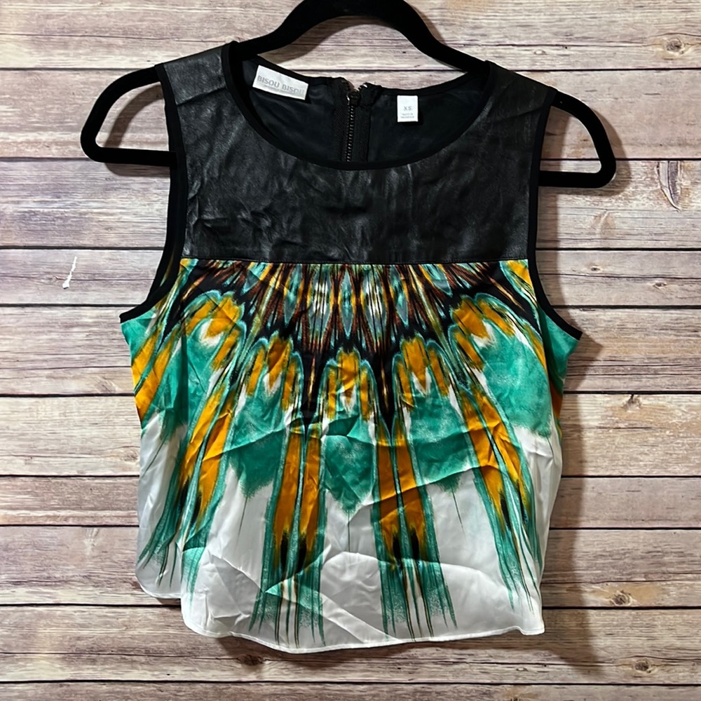 Bisou Bisou Silky Faux Leather Satin Sleeveless Top tie dye Style Size XS